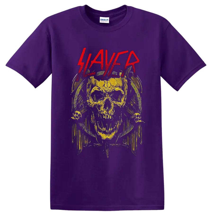 Slayer logo above a distressed horned skull in gothic thrash metal artwork on a Purple T Shirt