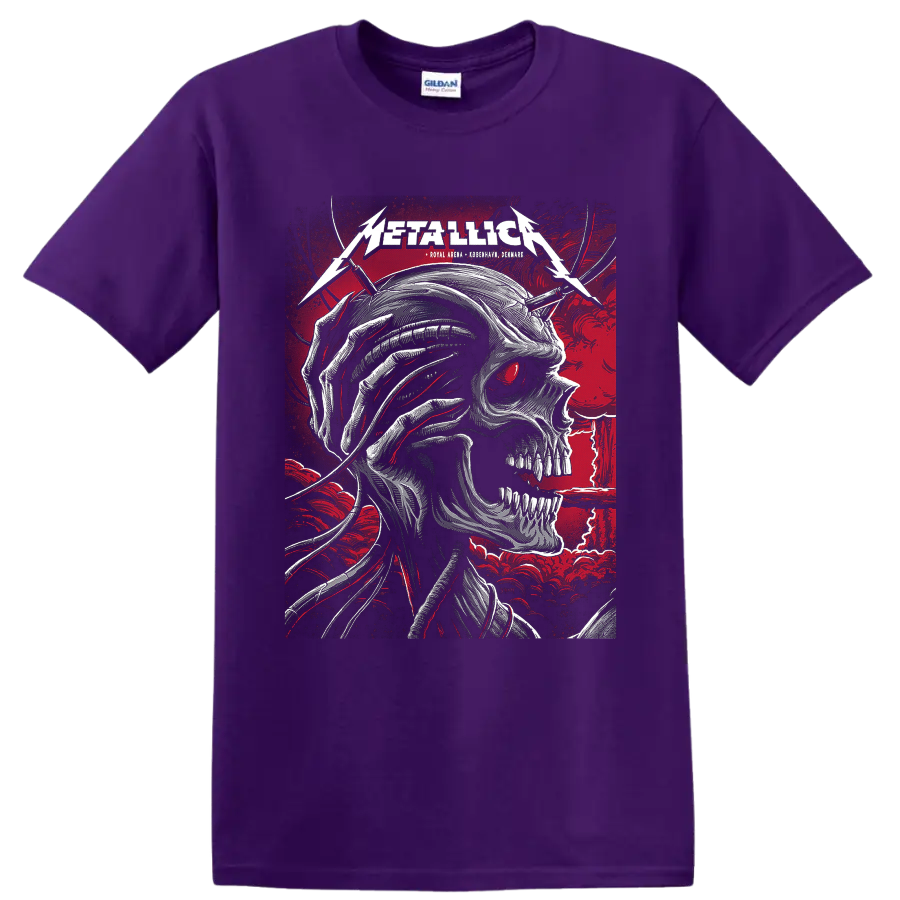 Metallica Royal Arena Copenhagen skull concert poster graphic with red eye and lightning on a Purple T Shirt