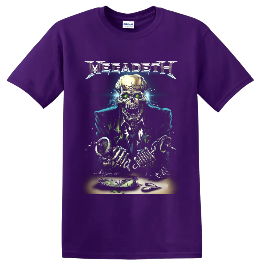 Megadeth Vic Rattlehead skull artwork with green eyes and electric blue energy on a Purple T Shirt