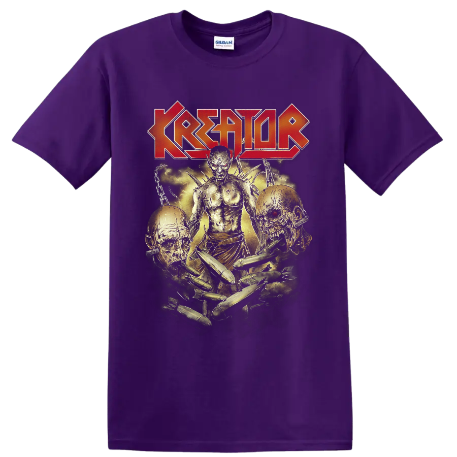 Kreator logo above skeletal warrior, skulls, chains, and bullets in distressed horror art on a Purple T Shirt
