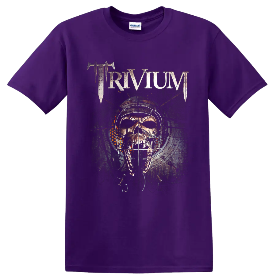 Trivium distressed logo above a mechanical skull in gothic industrial artwork on a Purple T Shirt