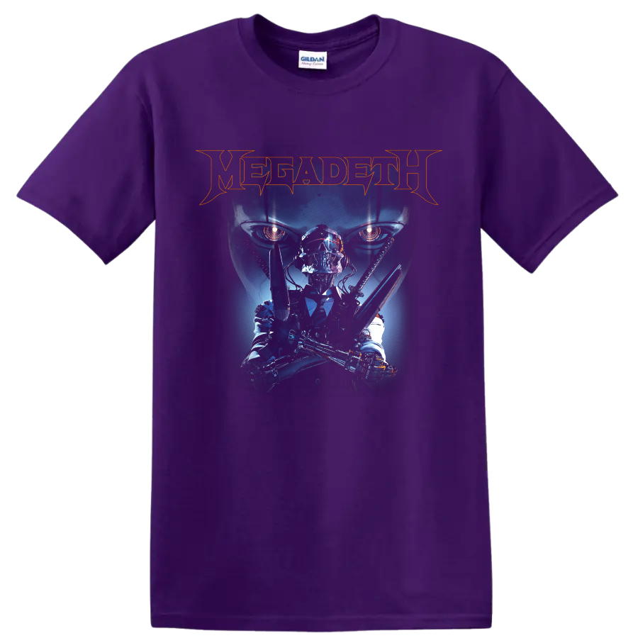 Megadeth logo with cybernetic Vic Rattlehead in a dark futuristic metal graphic on a Purple T Shirt