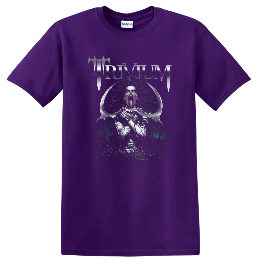 Trivium metallic logo above screaming demonic armored figure with curved sword on a Purple T Shirt