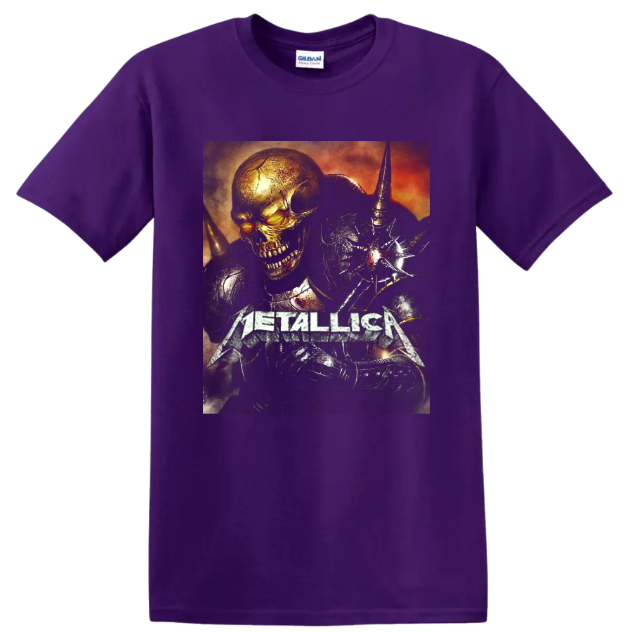 Metallica logo with glowing-eyed skull and dark armored warrior gothic graphic on a Purple T Shirt