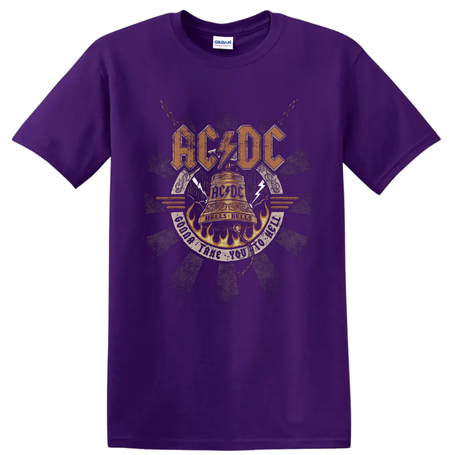 AC/DC Hells Bells distressed gold bell graphic with flames, chains, and lightning on a Purple T Shirt
