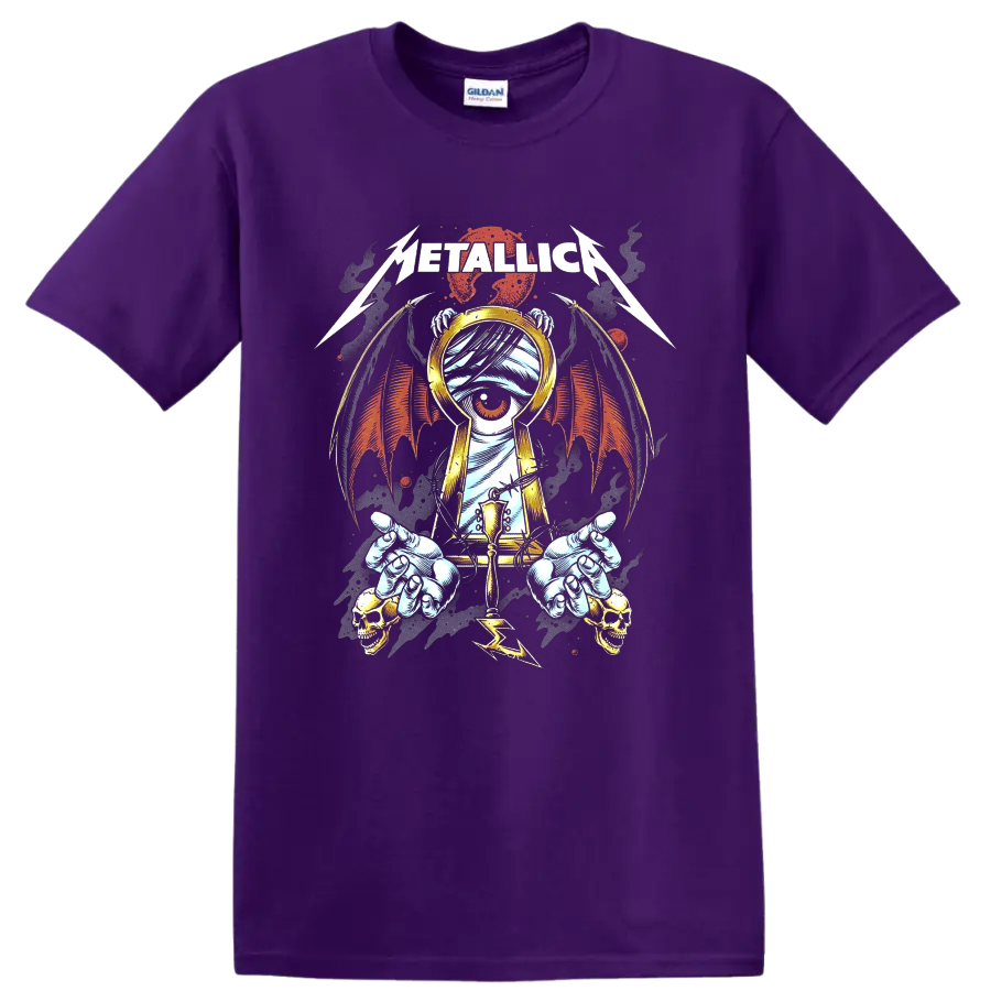 Metallica logo above a one-eyed mummy with gold headphones, wings, skulls, and barbed wire on a Purple T Shirt