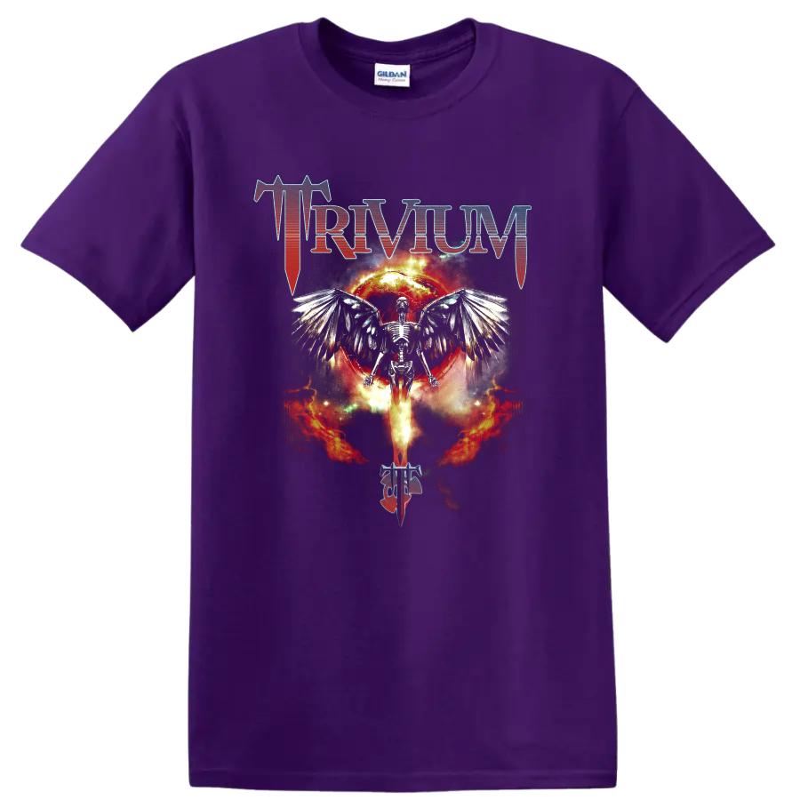 Trivium logo with winged skeleton, fiery eclipse, and flames in metal art on a Purple T Shirt