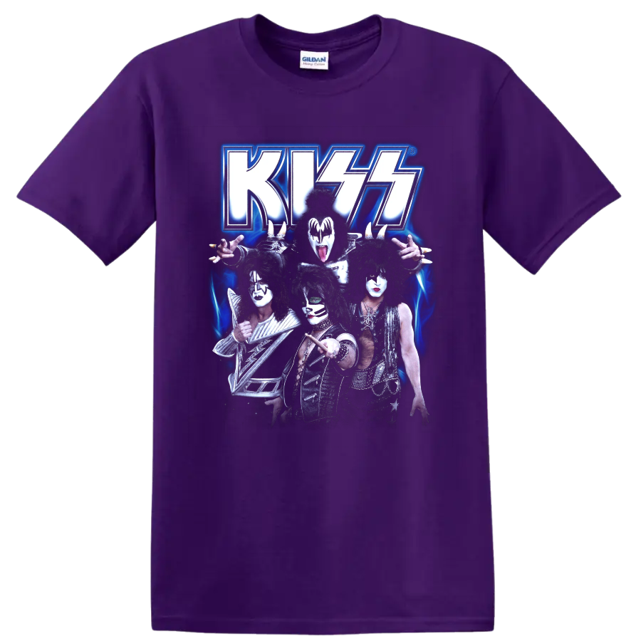 KISS band members in theatrical makeup beneath a glowing blue KISS logo on a Purple T Shirt