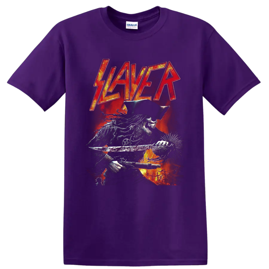 Slayer logo above a fiery pirate skeleton with sword and firearm in dark metal art on a Purple T Shirt