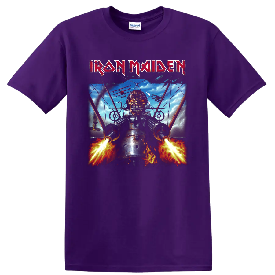 Iron Maiden Eddie fighter pilot graphic with blazing guns, aircraft, flames, and band logo on a Purple T Shirt