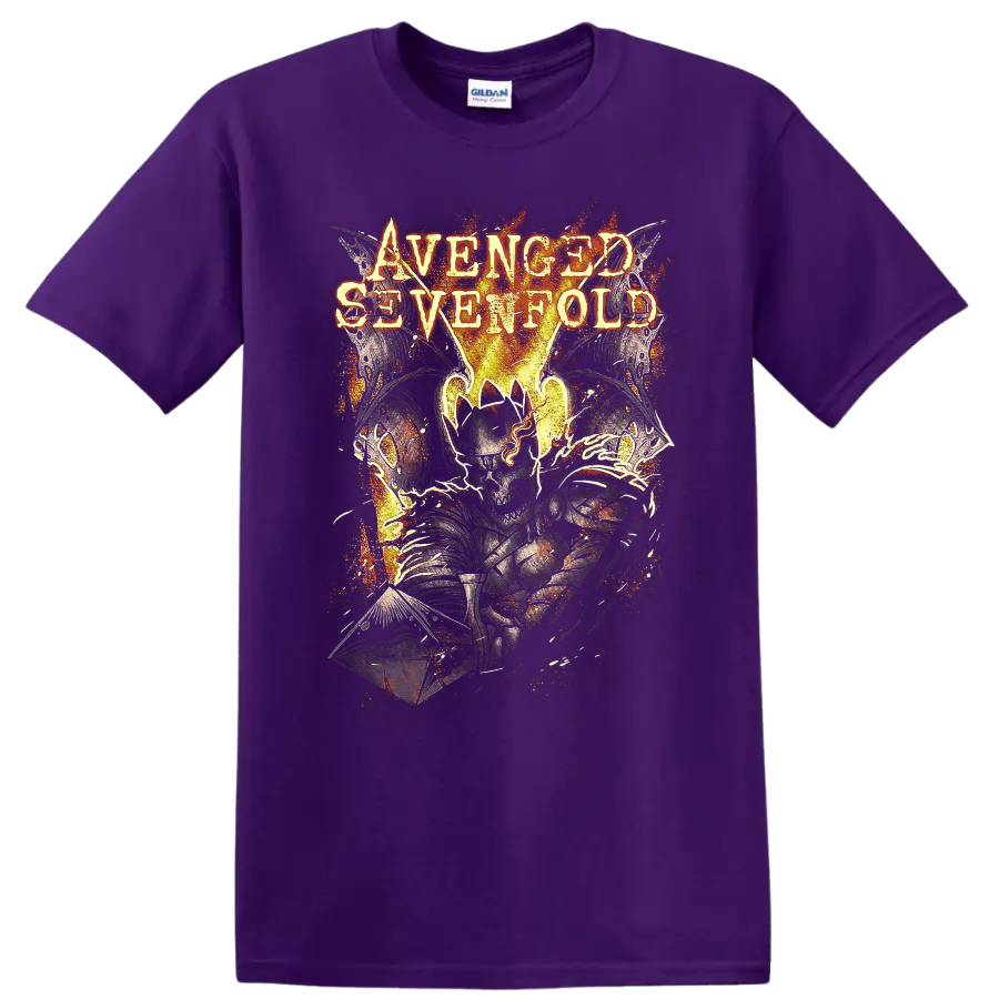 Avenged Sevenfold Deathbat in fiery distressed Shepherd of Fire graphic on a Purple T Shirt