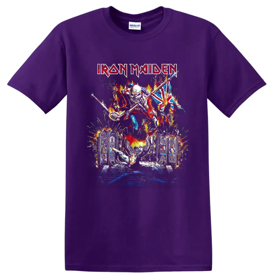 Iron Maiden Eddie the Trooper graphic with Union Jack, flames, and Gothic stained glass on a Purple T Shirt