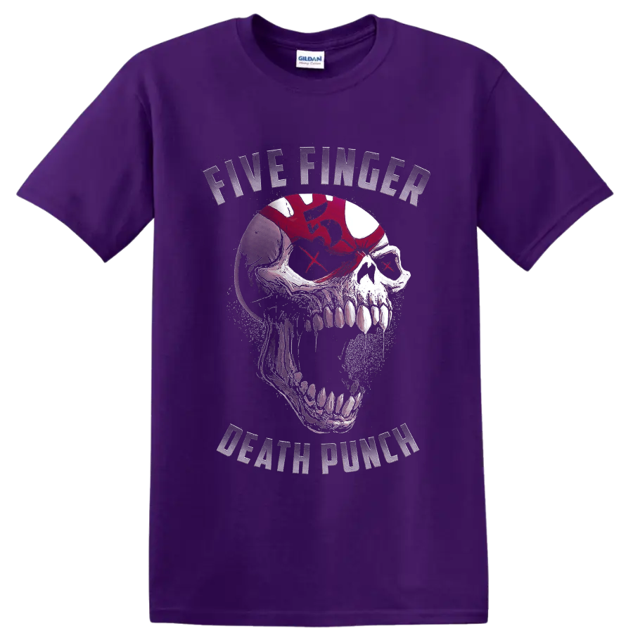 Five Finger Death Punch distressed skull graphic with red X eyes and band lettering on a Purple T Shirt