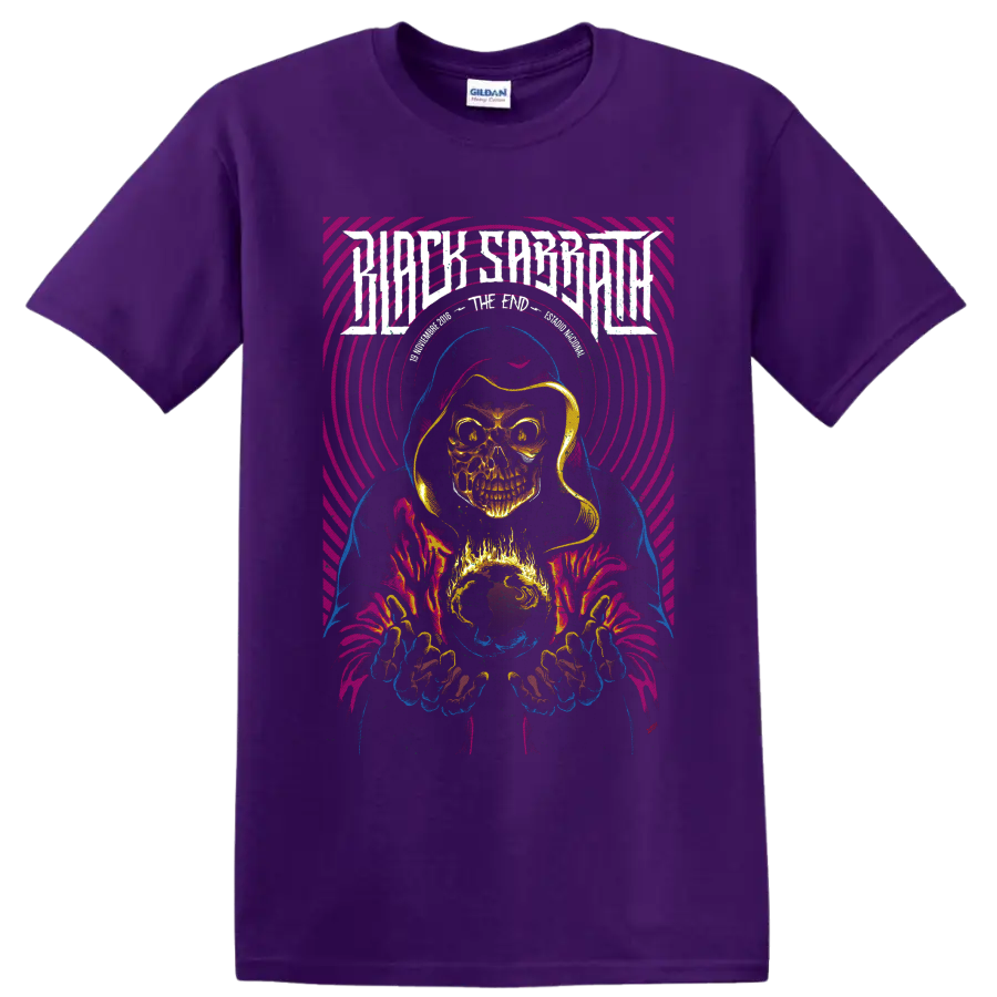 Judas Priest Invincible Shield hooded skull wizard with flaming globe and neon rings on a Purple T Shirt
