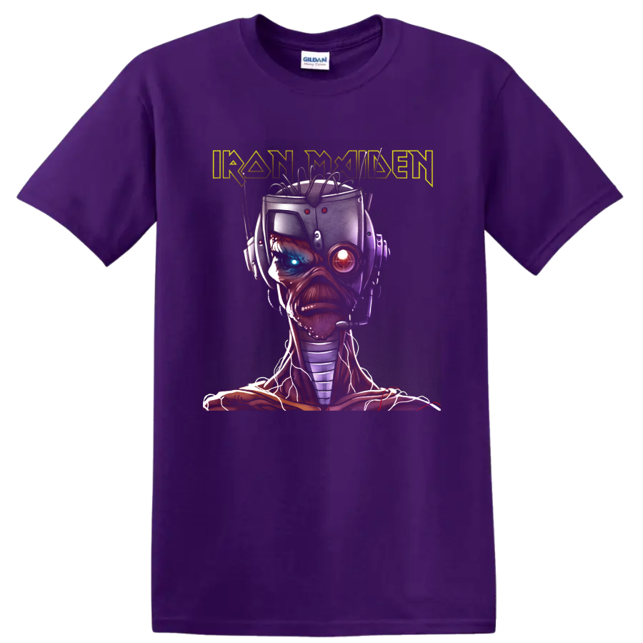 Iron Maiden Eddie the Head cyborg portrait with glowing mechanical eyes and wired headset on a Purple T Shirt