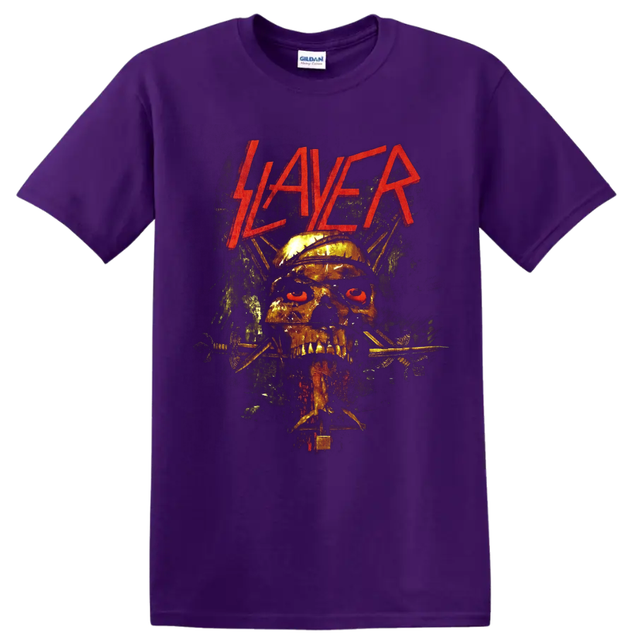 Slayer logo above a spiked helmet skull with barbed wire in gritty heavy metal art on a Purple T Shirt