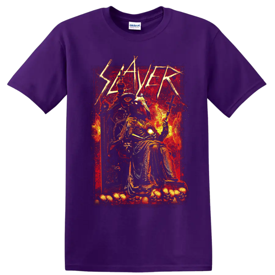 Slayer Show No Mercy gothic horned skeleton on throne with flames and skulls on a Purple T Shirt