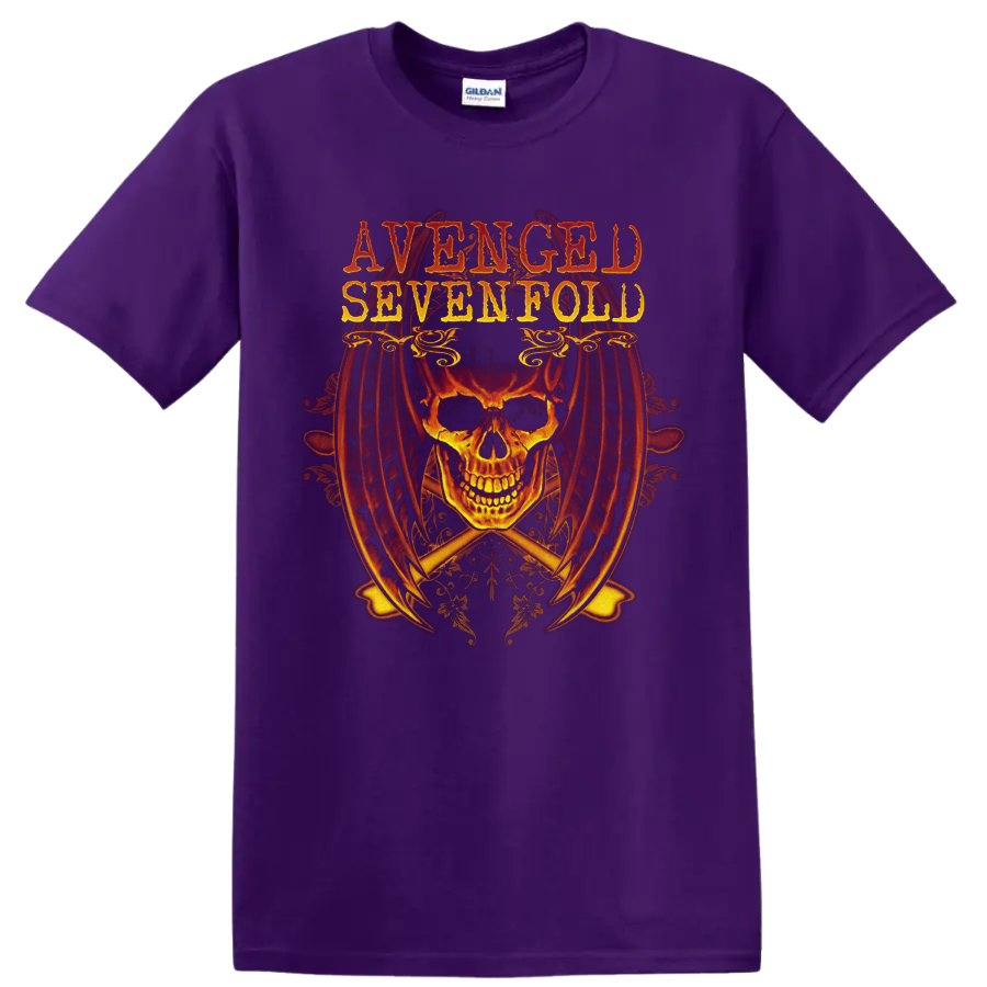 Avenged Sevenfold distressed lettering above a fiery skull with gothic ornaments on a Purple T Shirt