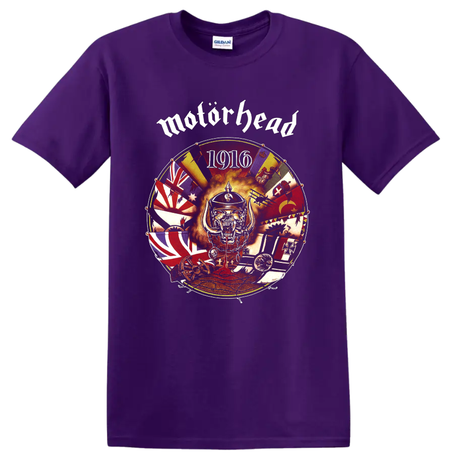 Motorhead 1916 circular war collage with snarling War Pig mascot on a Purple T Shirt