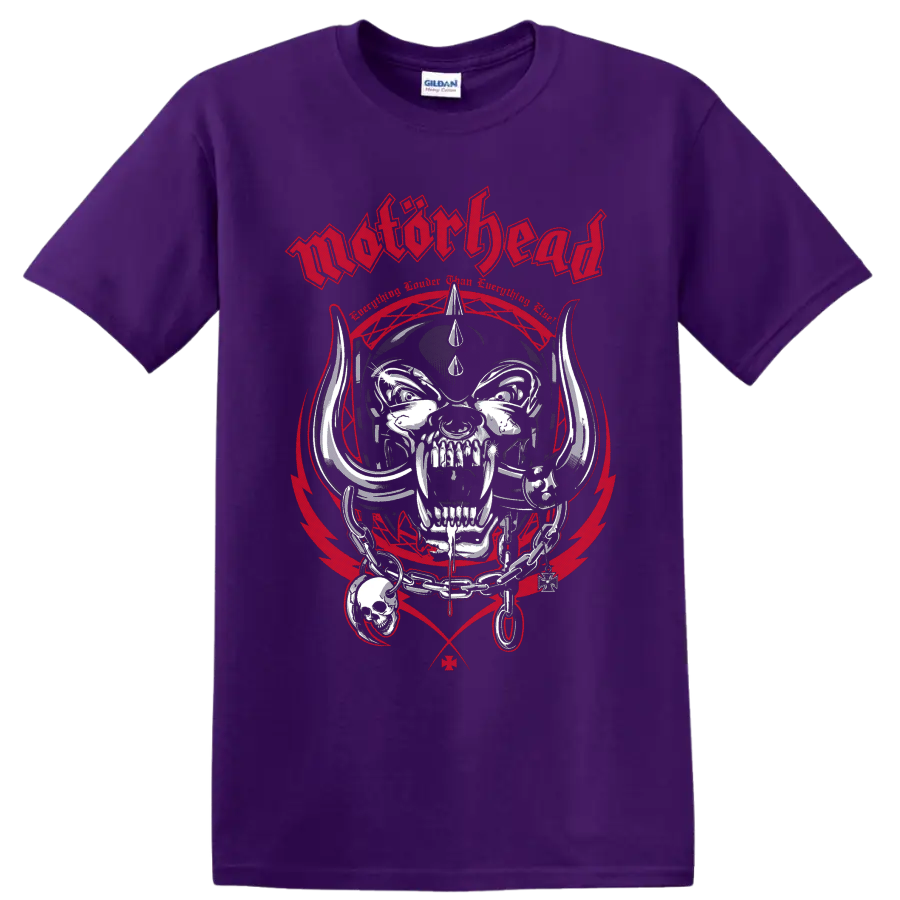 Motorhead Snaggletooth Warpig horned skull graphic with chains and red industrial frame on a Purple T Shirt