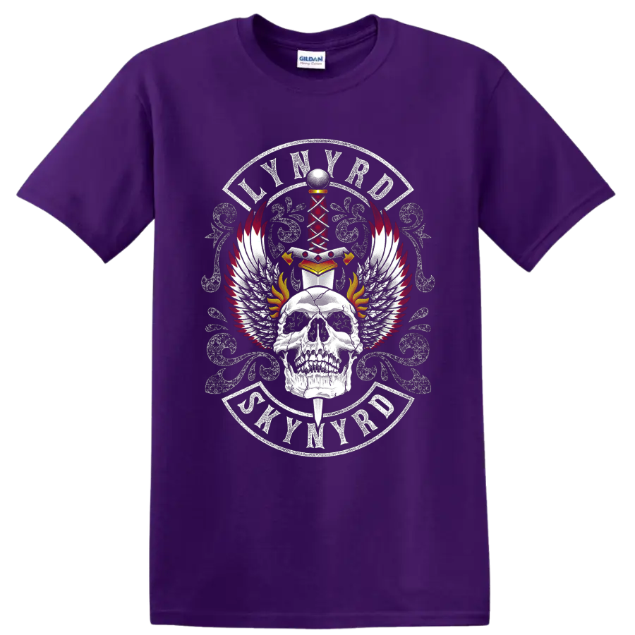 Lynyrd Skynyrd skull, sword, wings, flames, and distressed crest graphic on a Purple T Shirt