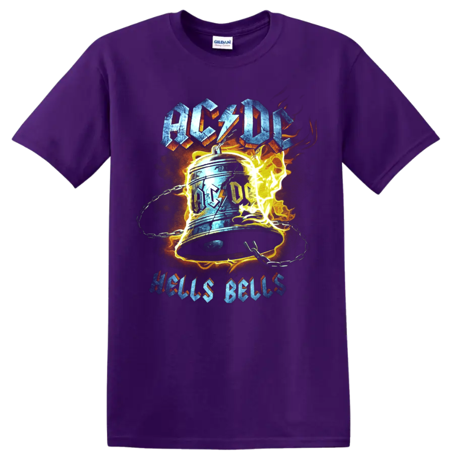 AC/DC Hells Bells distressed rock graphic with chained bell, lightning, and flames on a Purple T Shirt