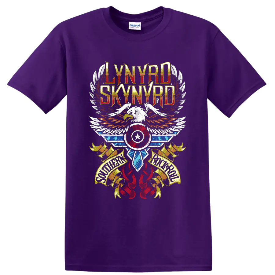 Lynyrd Skynyrd distressed eagle wings graphic with Southern Rock Roll banners on a Purple T Shirt