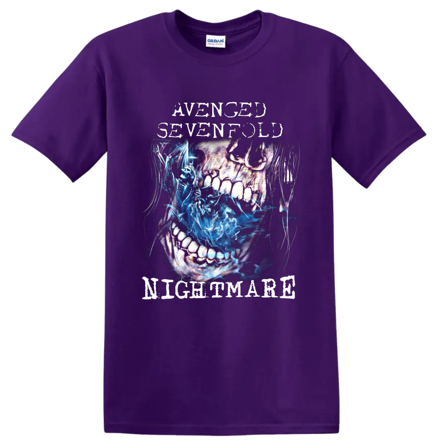 Avenged Sevenfold Nightmare distressed skull and blue skeleton graphic on a Purple T Shirt