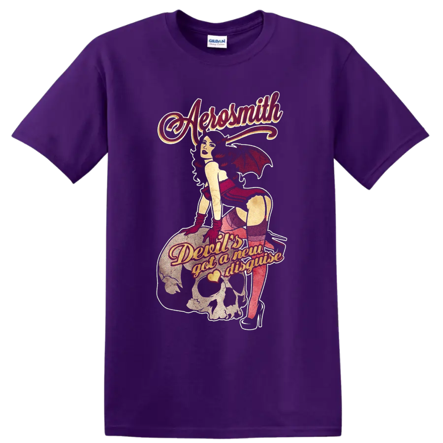Aerosmith Devil's Got a New Disguise retro devil pinup skull and guitar graphic on a Purple T Shirt