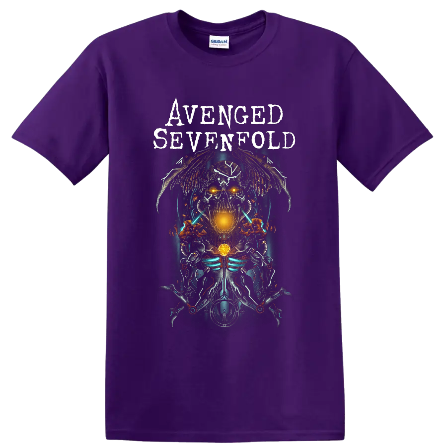 Avenged Sevenfold cybernetic winged skull graphic with distressed band lettering on a Purple T Shirt