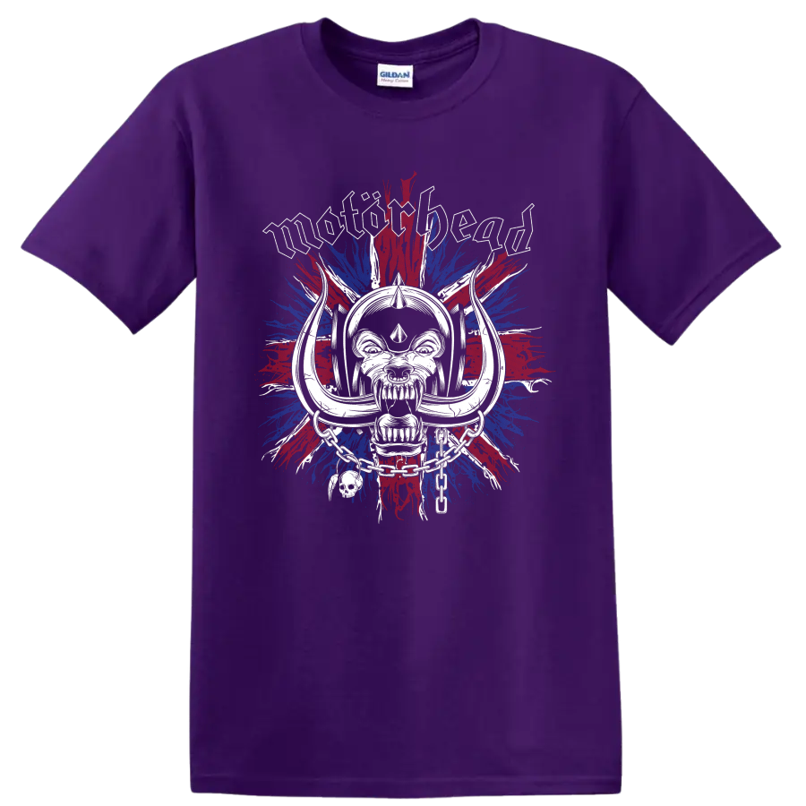 Motorhead Warpig skull with chains over distressed Union Jack paint bursts on a Purple T Shirt