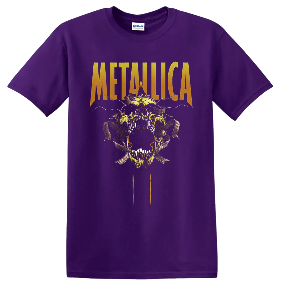 Metallica distressed logo above a horned skull with barbed wire and torn ribbons on a Purple T Shirt