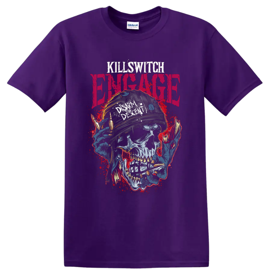 Killswitch Engage Disarm the Descent skull helmet and bullet graphic on a Purple T Shirt