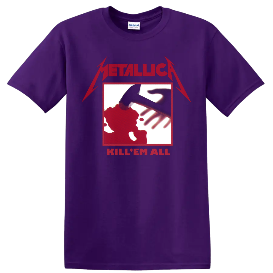 Metallica Kill 'Em All red logo and hammer graphic print on a Purple T Shirt
