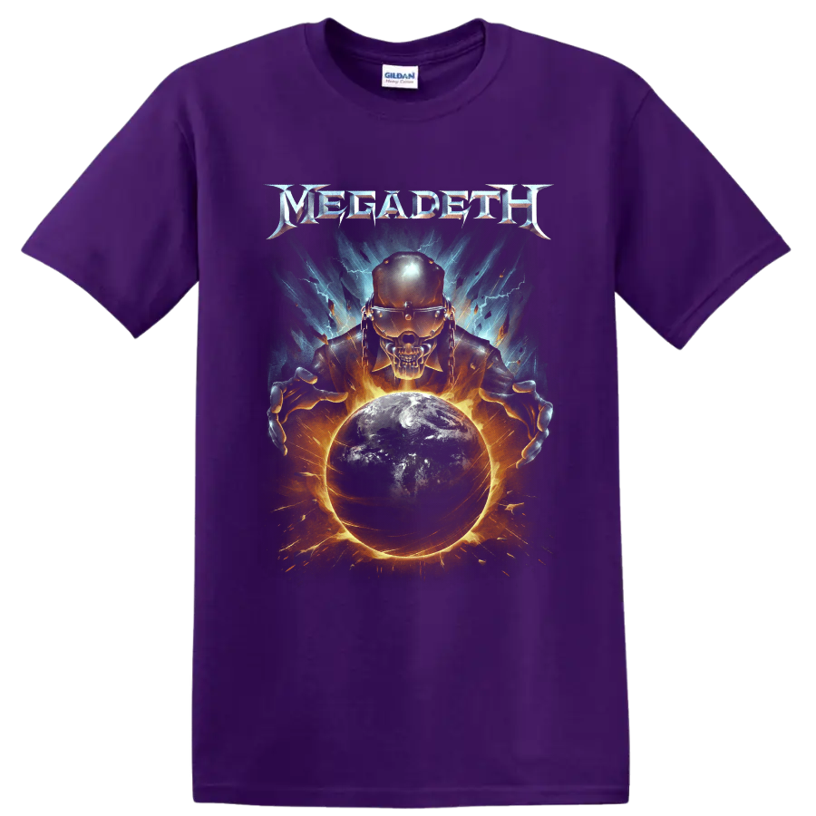 Megadeth Vic Rattlehead skull with burning Earth, lightning, and fiery cosmic art on a Purple T Shirt