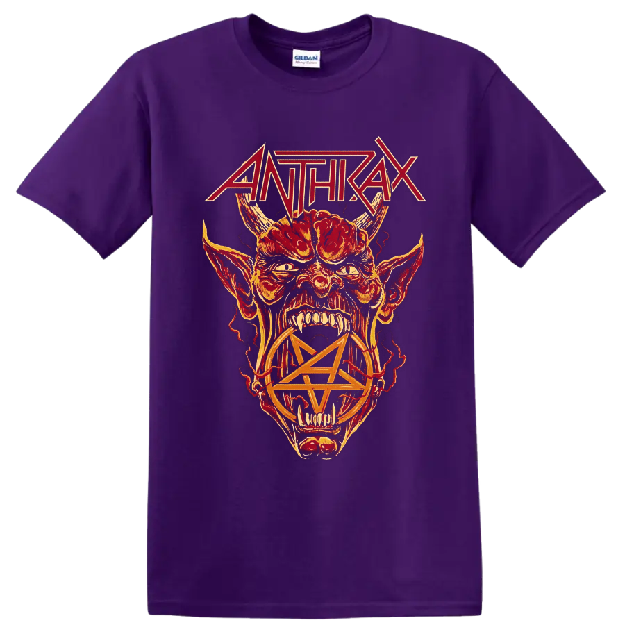Anthrax logo above a horned snarling creature and pentagram in fiery distressed art on a Purple T Shirt