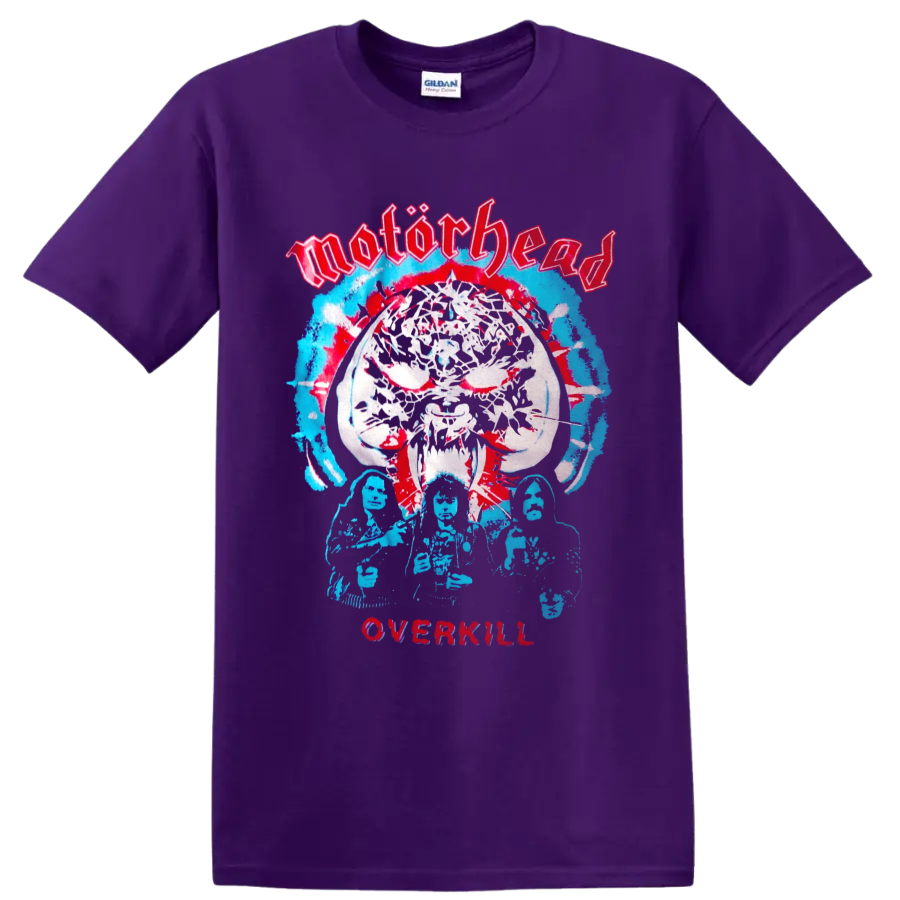 Motorhead Overkill Warpig skull graphic with distressed band figures on a Purple T Shirt