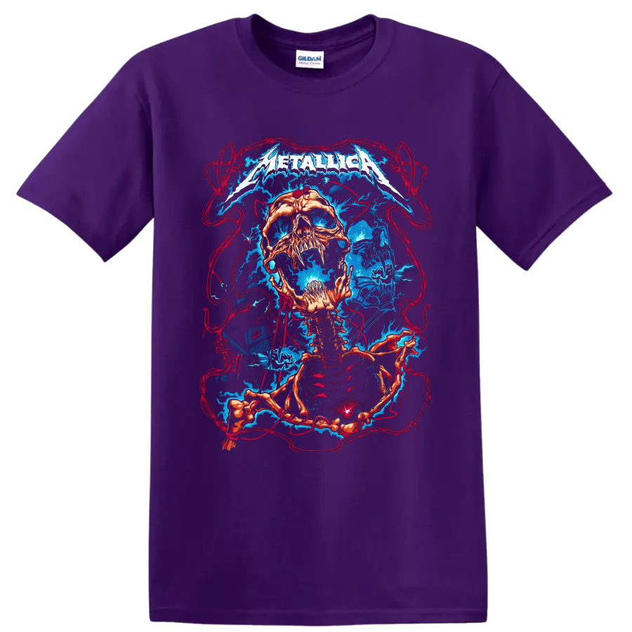 Metallica logo above a skull and skeleton with electric lightning and red linework on a Purple T Shirt