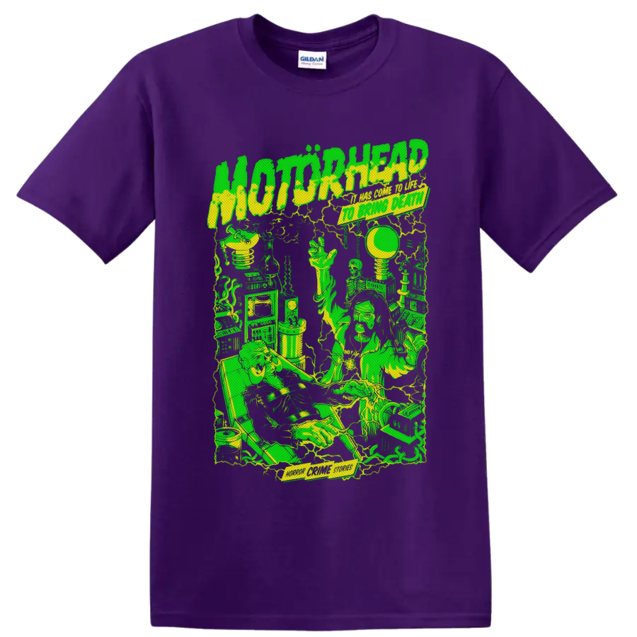 Motorhead Horror Crime Stories neon sci-fi laboratory graphic with skeletons and machinery on a Purple T Shirt
