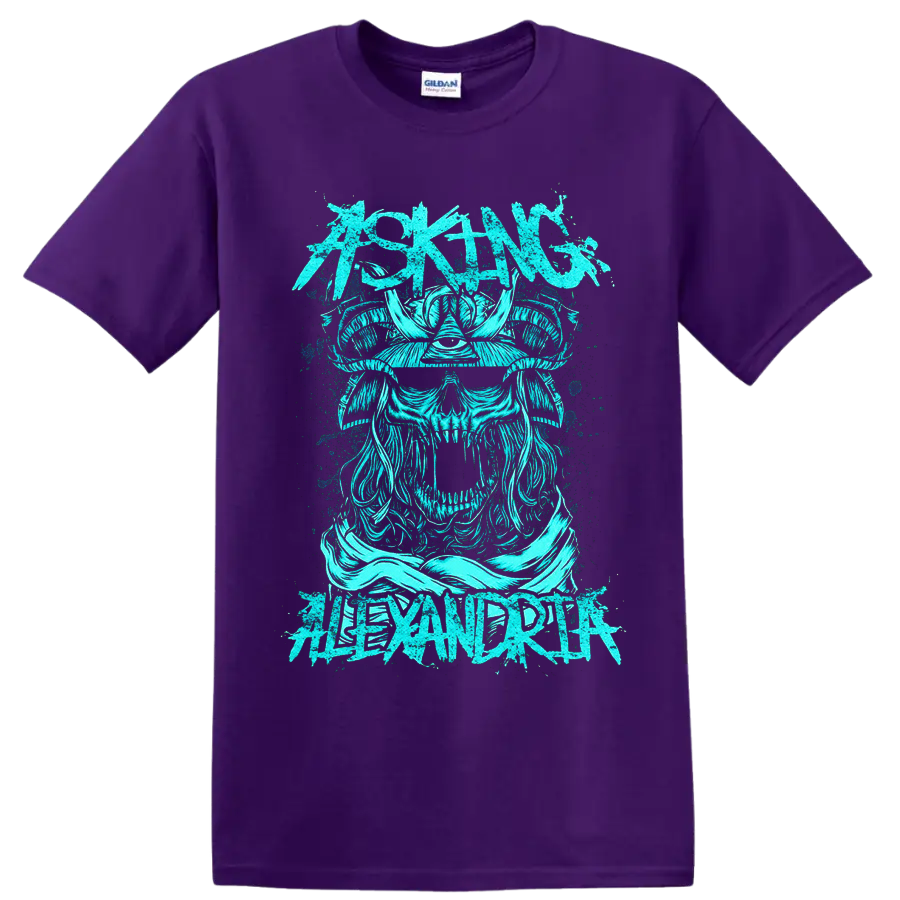 Asking Alexandria distressed turquoise Viking skull and horned helmet graphic on a Purple T Shirt