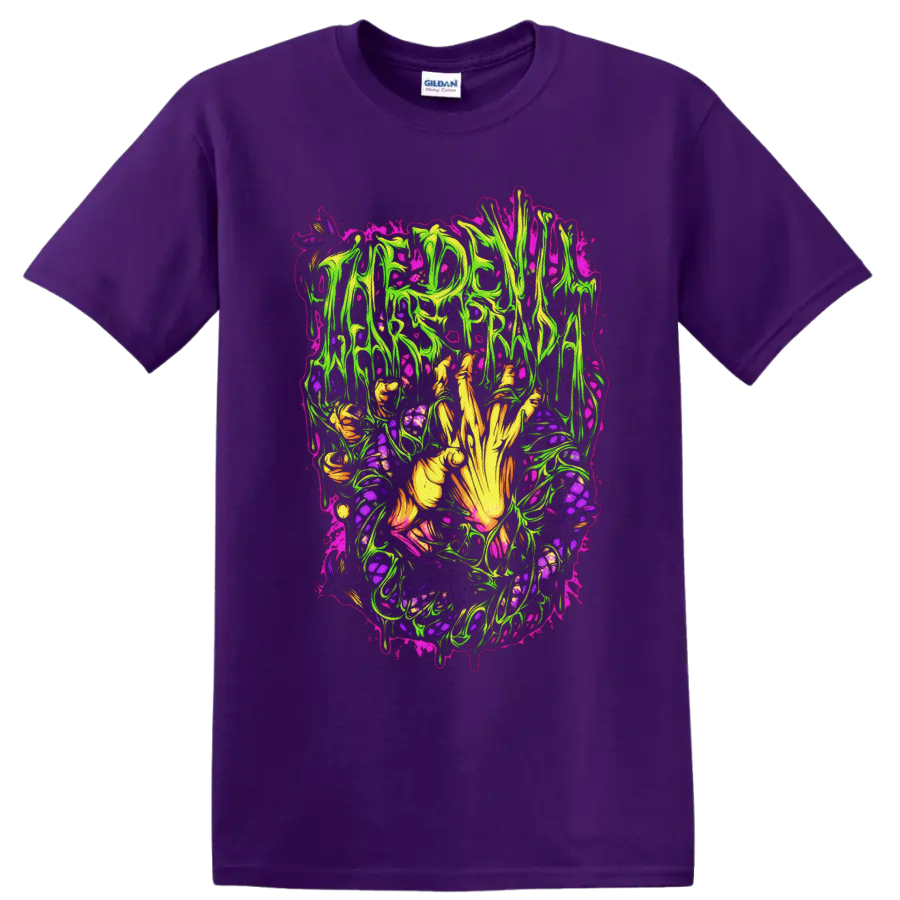 The Devil Wears Prada neon horror artwork with skeletal hand and dripping lettering on a Purple T Shirt