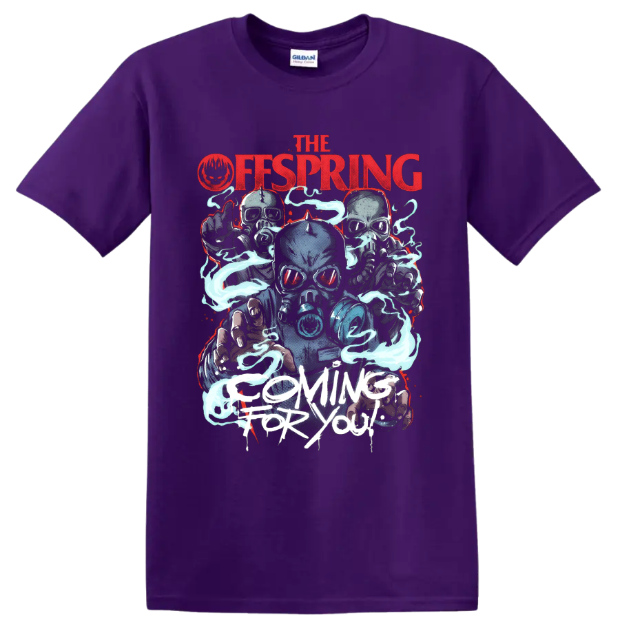 The Offspring Coming for You gas-mask figures with blue smoke and distressed lettering on a Purple T Shirt