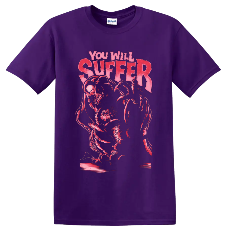 Kreator You Will Suffer distressed pink text with skeletal horror graphic on a Purple T Shirt