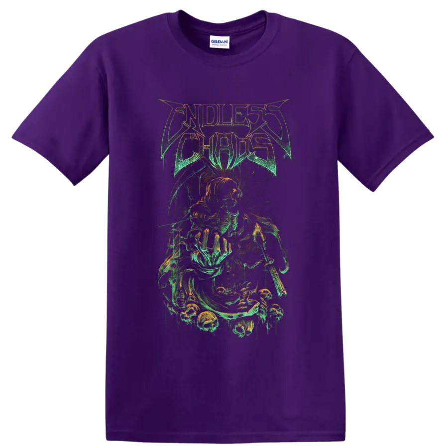 Endless Chaos hooded skeletal reaper and skull gothic metal graphic on a Purple T Shirt