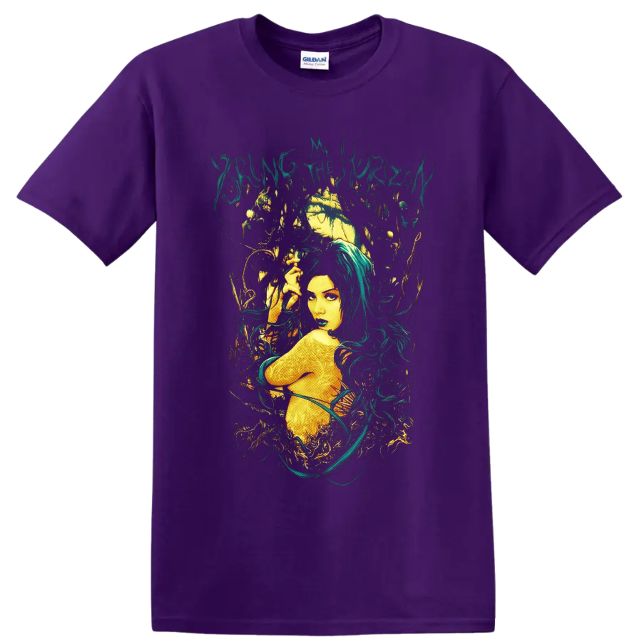 Bring Me the Horizon gothic forest nymph with teal hair, golden moon, and vines on a Purple T Shirt