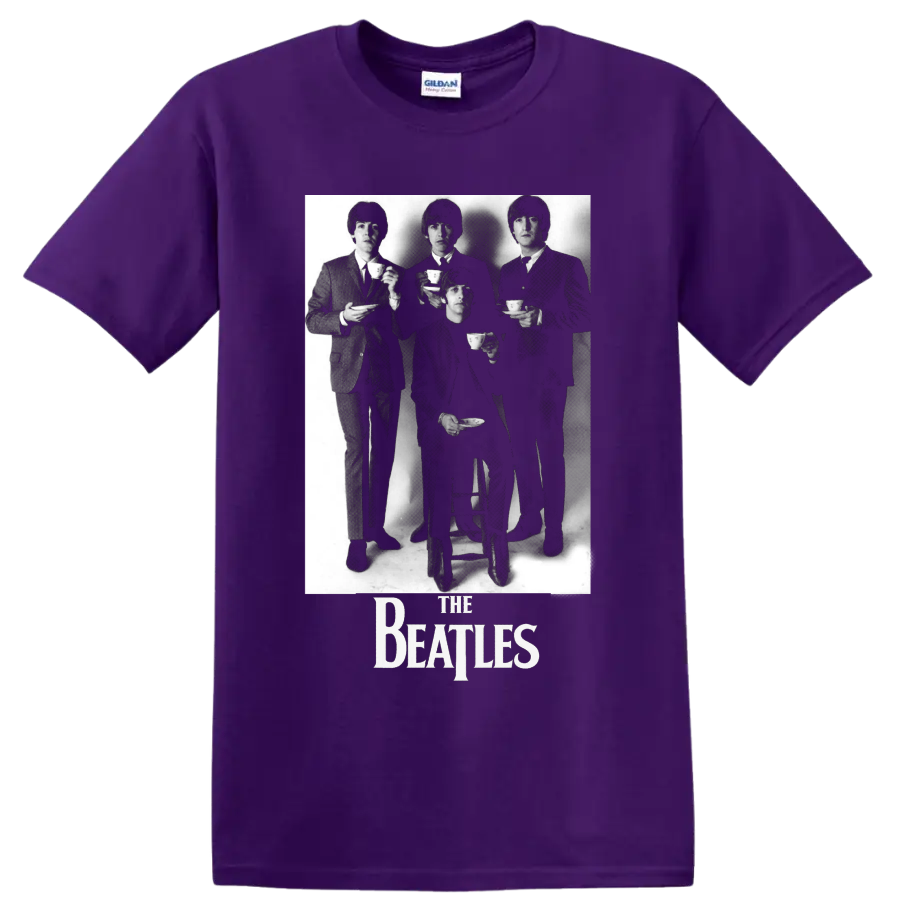 The Beatles black-and-white tea party portrait with band logo on a Purple T Shirt