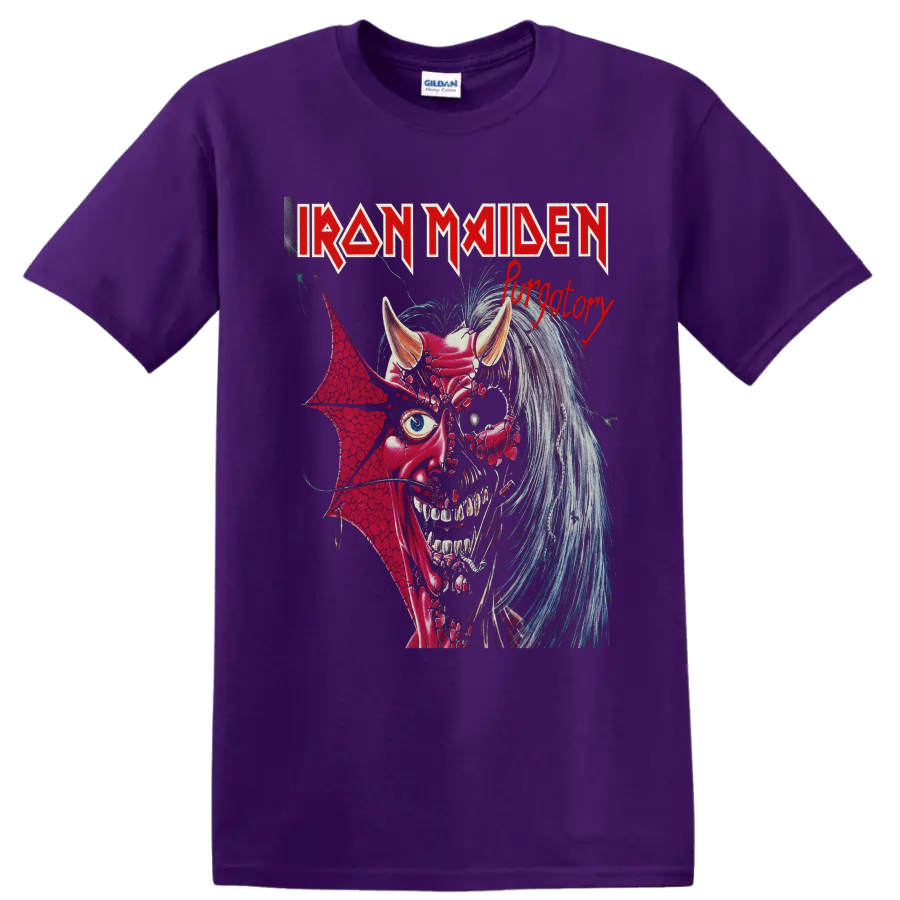 Iron Maiden Purgatory graphic with Eddie as a horned demon in vintage heavy metal art on a Purple T Shirt