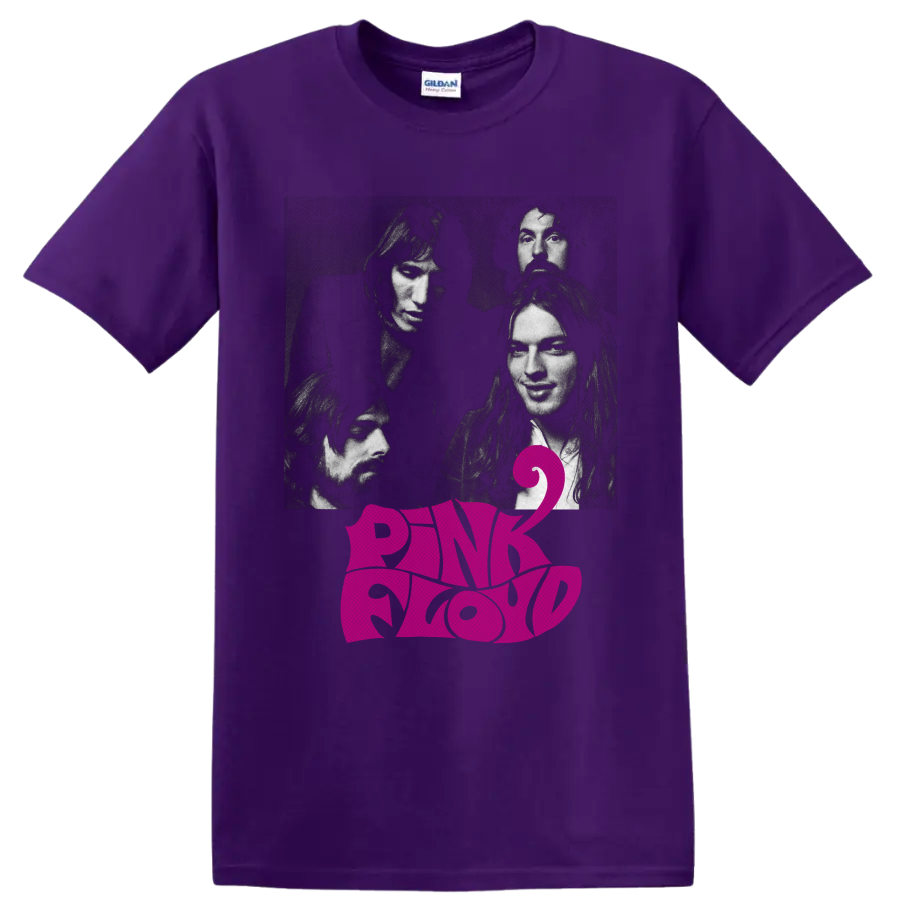 Pink Floyd band portrait graphic with magenta logo lettering and stylized number 2 on a Purple T Shirt