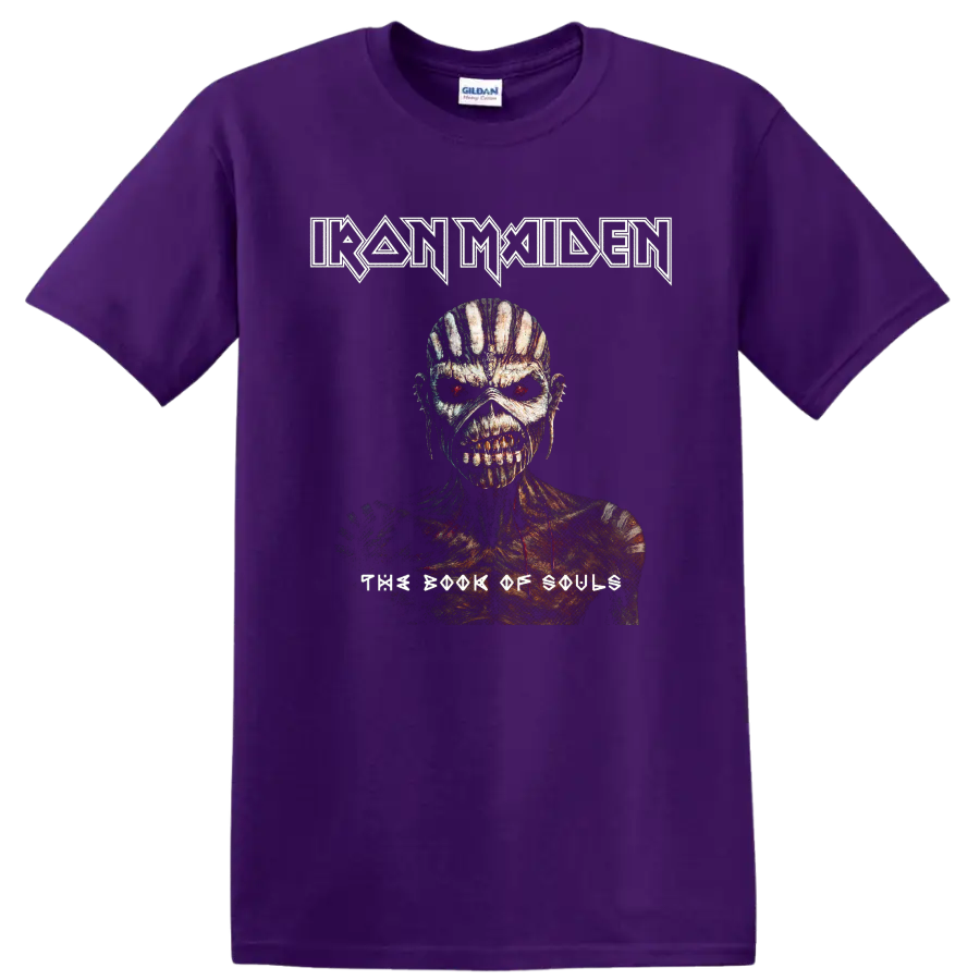 Iron Maiden The Book of Souls Eddie portrait with distressed heavy metal logo on a Purple T Shirt