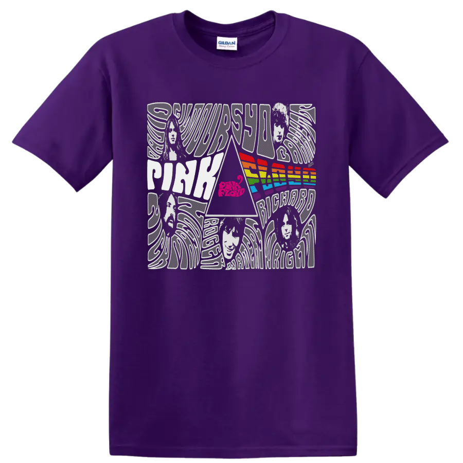 Pink Floyd Dark Side of the Moon prism and rainbow psychedelic collage on a Purple T Shirt
